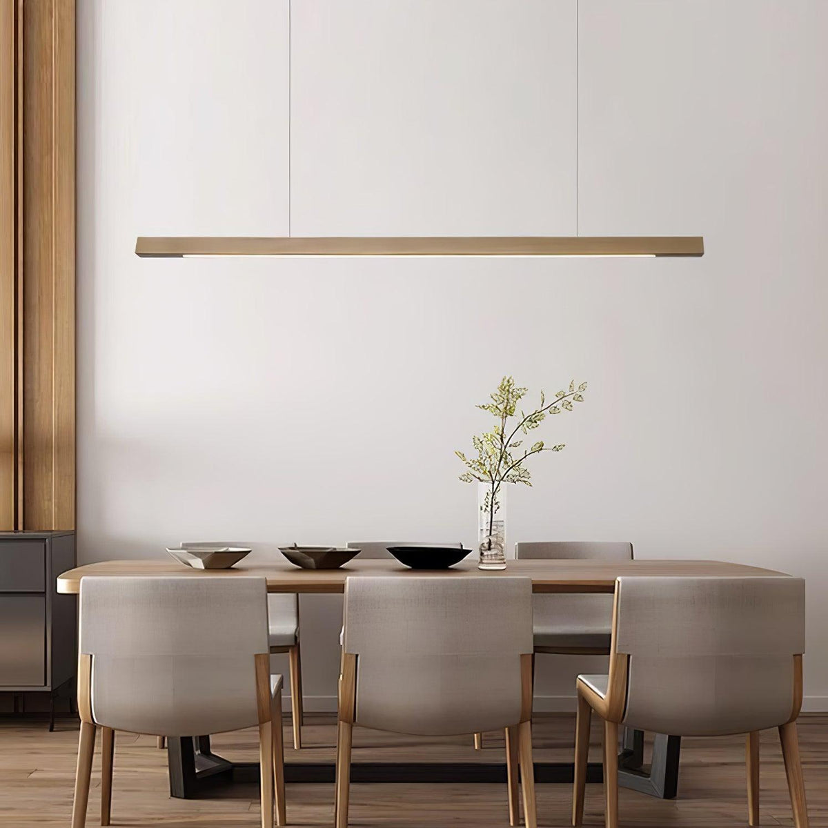 Lineaire houten hanglamp met ingebouwde led voor eetkamer en kookeiland, balkmodel, natuurlijke afwerking, verstelbare kabels, modern interieur | Thomler