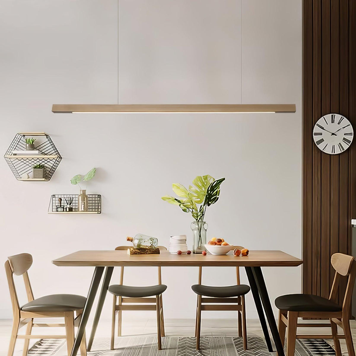Lineaire houten hanglamp met ingebouwde led voor eetkamer en kookeiland, balkmodel, natuurlijke afwerking, verstelbare kabels, modern interieur | Thomler