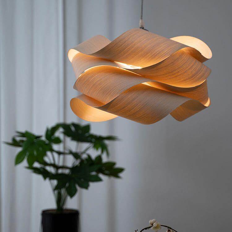 Hanging Ceiling Light Wood Grain Shade for Kitchen Island Dining Room Bedroom Adjustable Cord Modern Farmhouse Fixture Warm Glow E26 Base Ha | Thomler