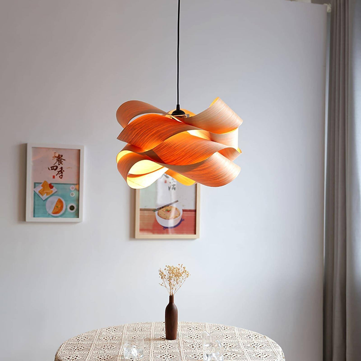 Hanging Ceiling Light Wood Grain Shade for Kitchen Island Dining Room Bedroom Adjustable Cord Modern Farmhouse Fixture Warm Glow E26 Base Ha | Thomler