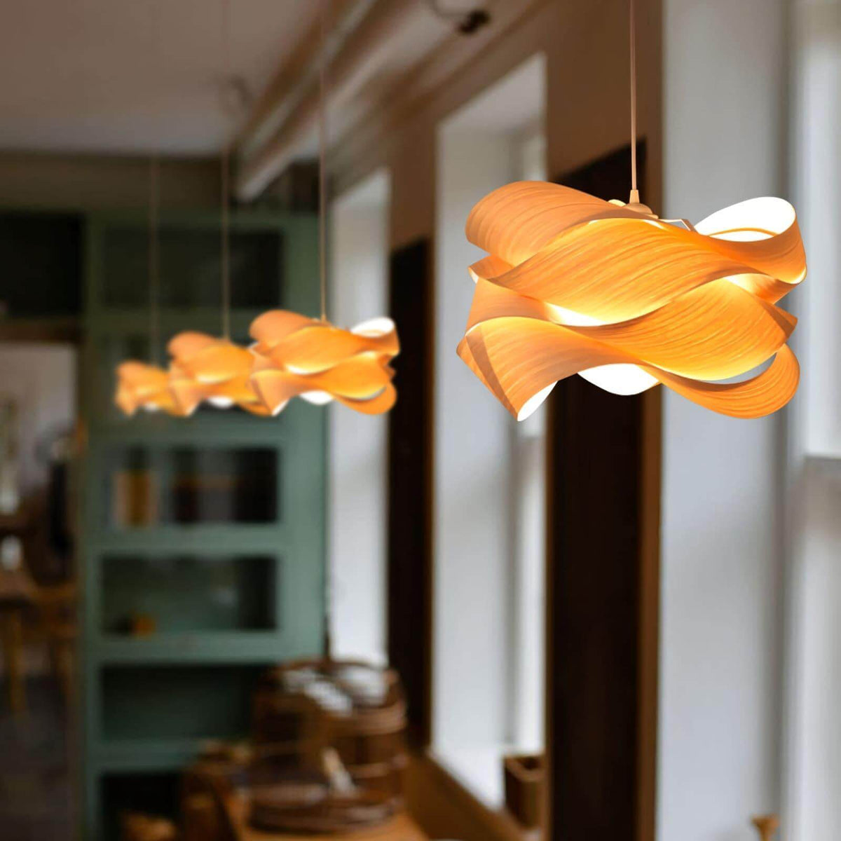 Hanging Ceiling Light Wood Grain Shade for Kitchen Island Dining Room Bedroom Adjustable Cord Modern Farmhouse Fixture Warm Glow E26 Base Ha | Thomler