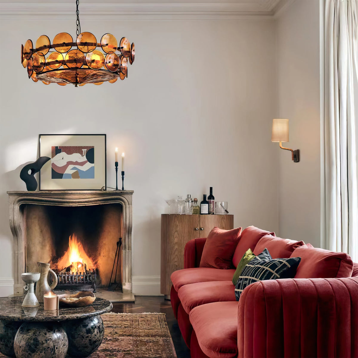 Gelaagde glazen schijfhangerlamp voor de eetkamer – Amberkleurige ronde plafondlamp – Verstelbare hanglamp voor kookeiland woonkamer | Thomler