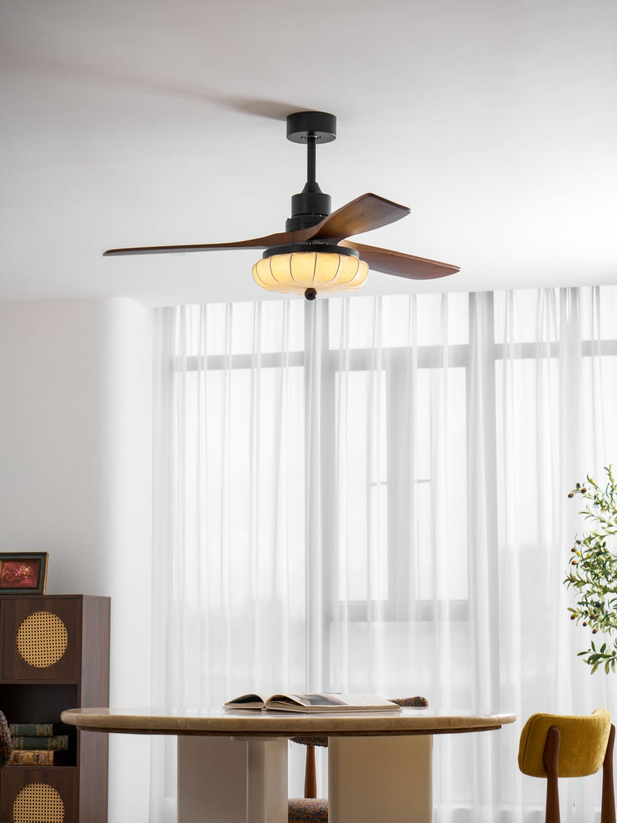Wood Blade Ceiling Fan with Drum Shade Light DC Motor 6 Speed Remote Indoor Dining Living Bedroom Adjustable 36 42 48 52 Inch Quiet Reversib