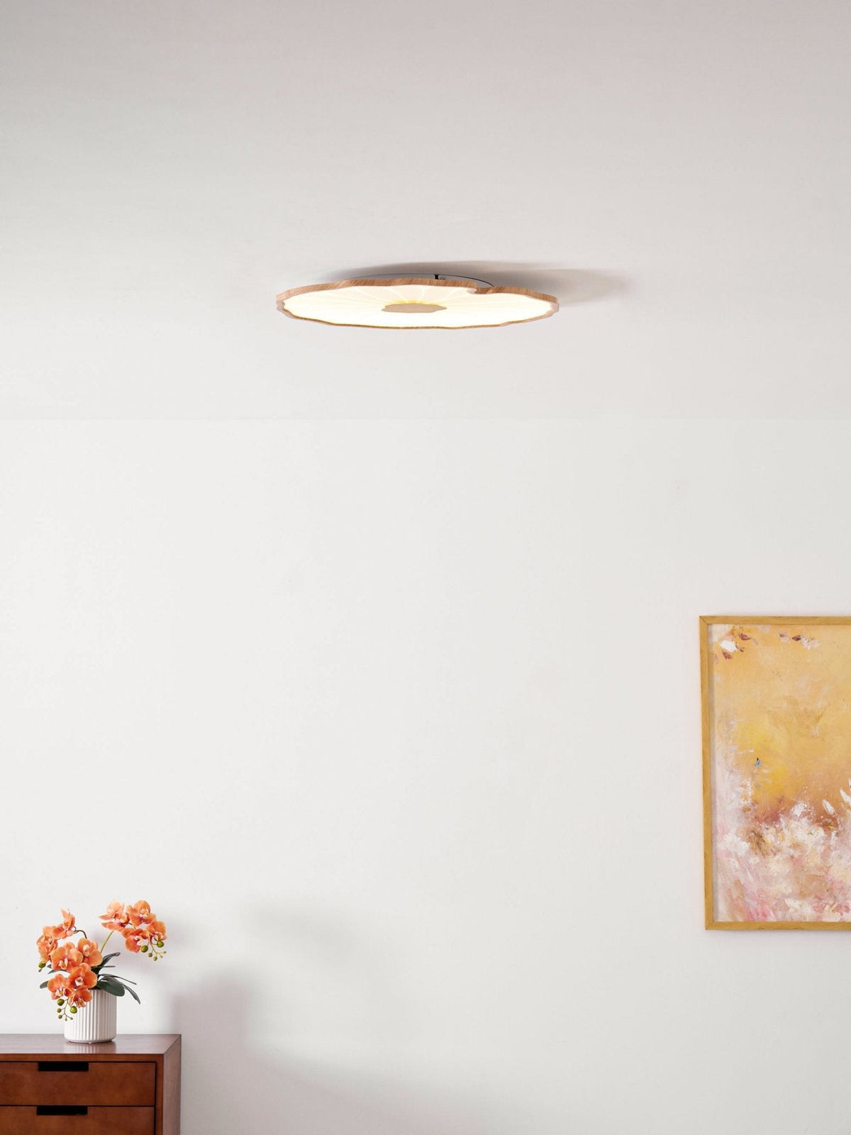 Hout-look led-plafondlamp, opbouwmodel met botanisch gebogen randontwerp voor slaapkamer, woonkamer en keuken