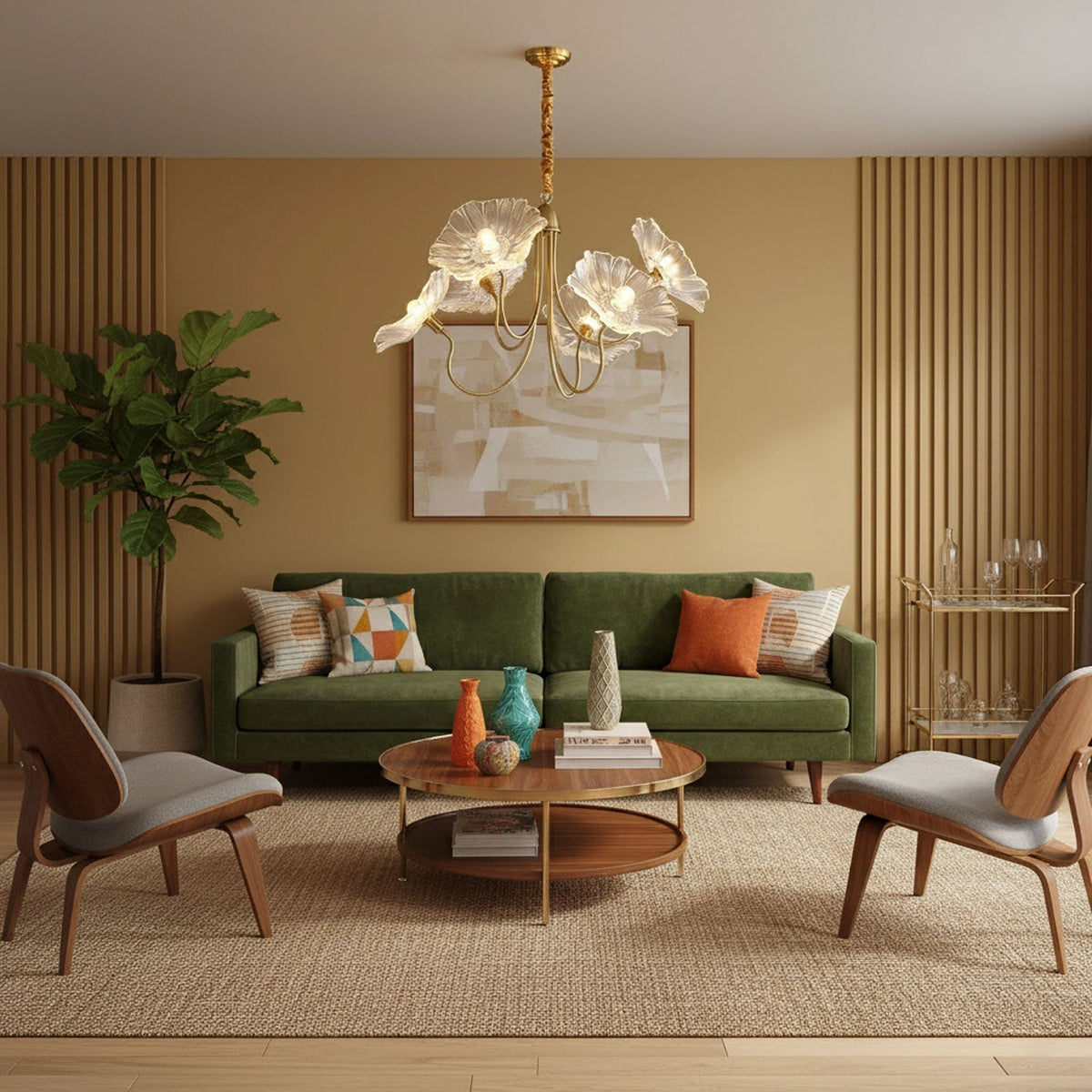 Lámpara colgante botánica de cristal de 35 pulgadas con acabado dorado para comedor, sala de estar o vestíbulo, iluminación ambiental superior | Thomler