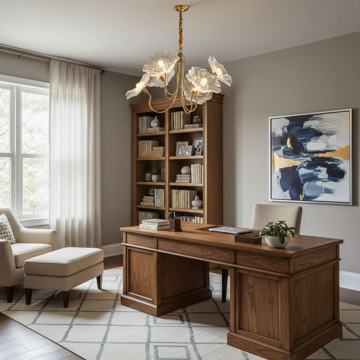 Lámpara colgante botánica de cristal de 35 pulgadas con acabado dorado para comedor, sala de estar o vestíbulo, iluminación ambiental superior | Thomler