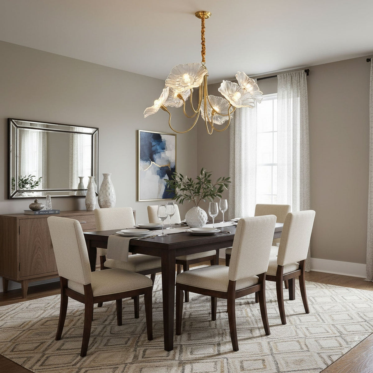 Lámpara colgante botánica de cristal de 35 pulgadas con acabado dorado para comedor, sala de estar o vestíbulo, iluminación ambiental superior | Thomler