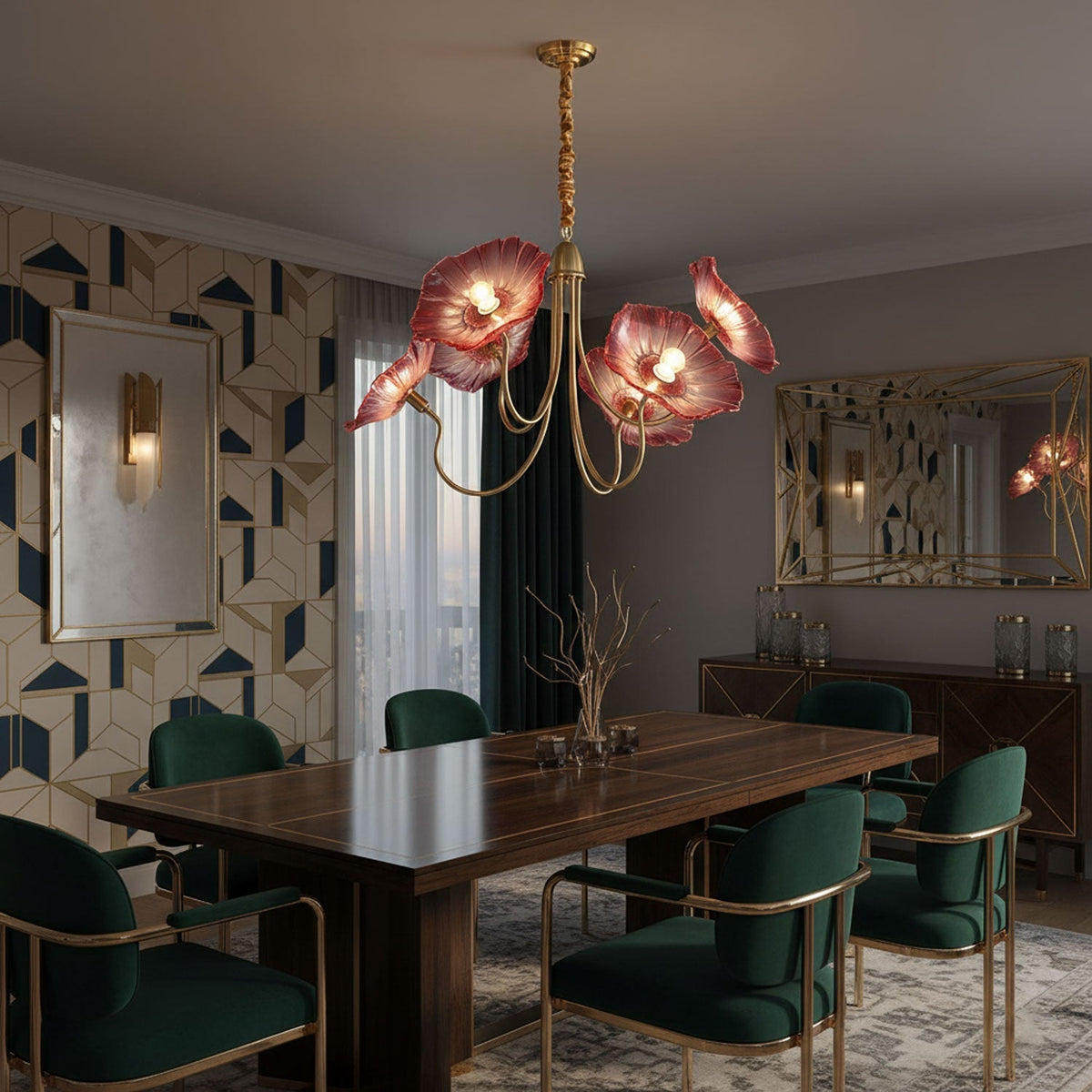 Lámpara colgante botánica de cristal de 35 pulgadas con acabado dorado para comedor, sala de estar o vestíbulo, iluminación ambiental superior | Thomler