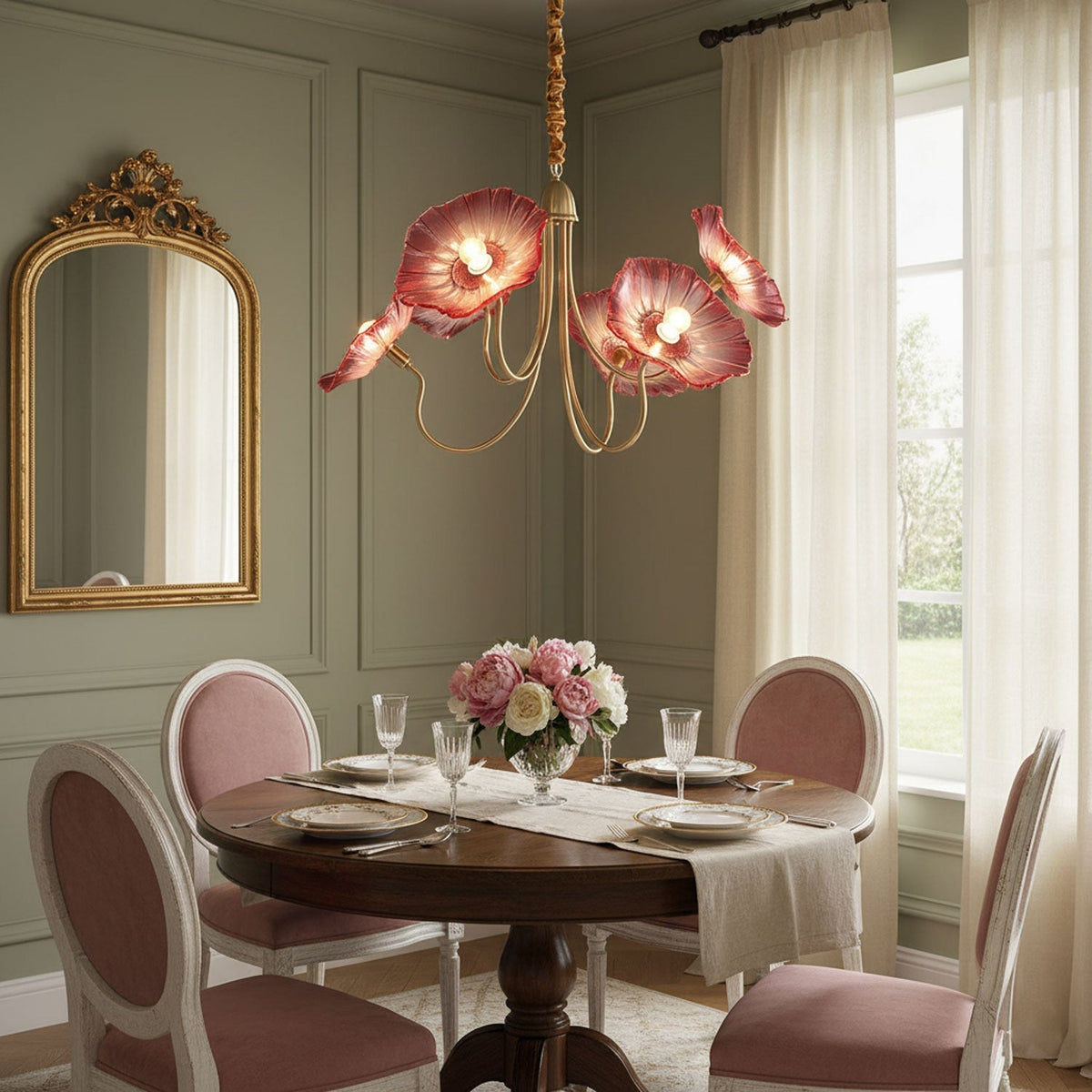 Lámpara colgante botánica de cristal de 35 pulgadas con acabado dorado para comedor, sala de estar o vestíbulo, iluminación ambiental superior | Thomler