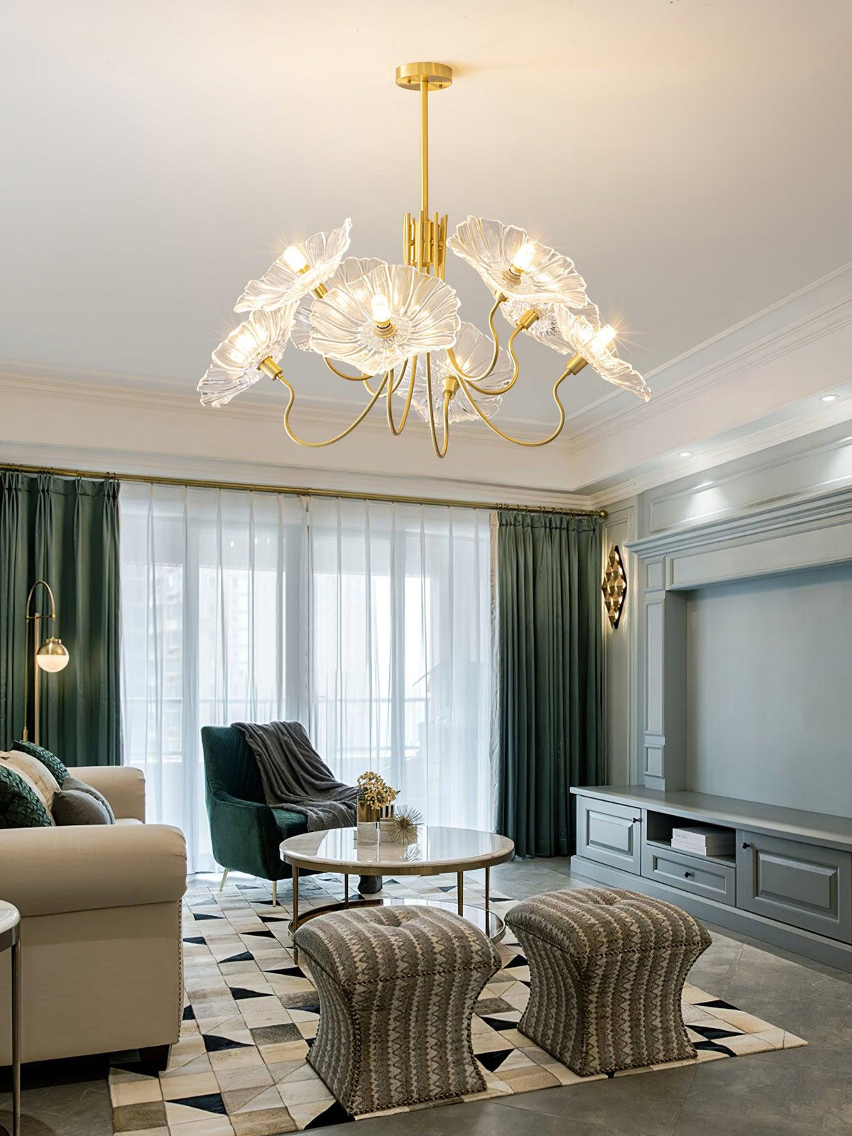 Lámpara colgante botánica de cristal de 35 pulgadas con acabado dorado para comedor, sala de estar o vestíbulo, iluminación ambiental superior | Thomler