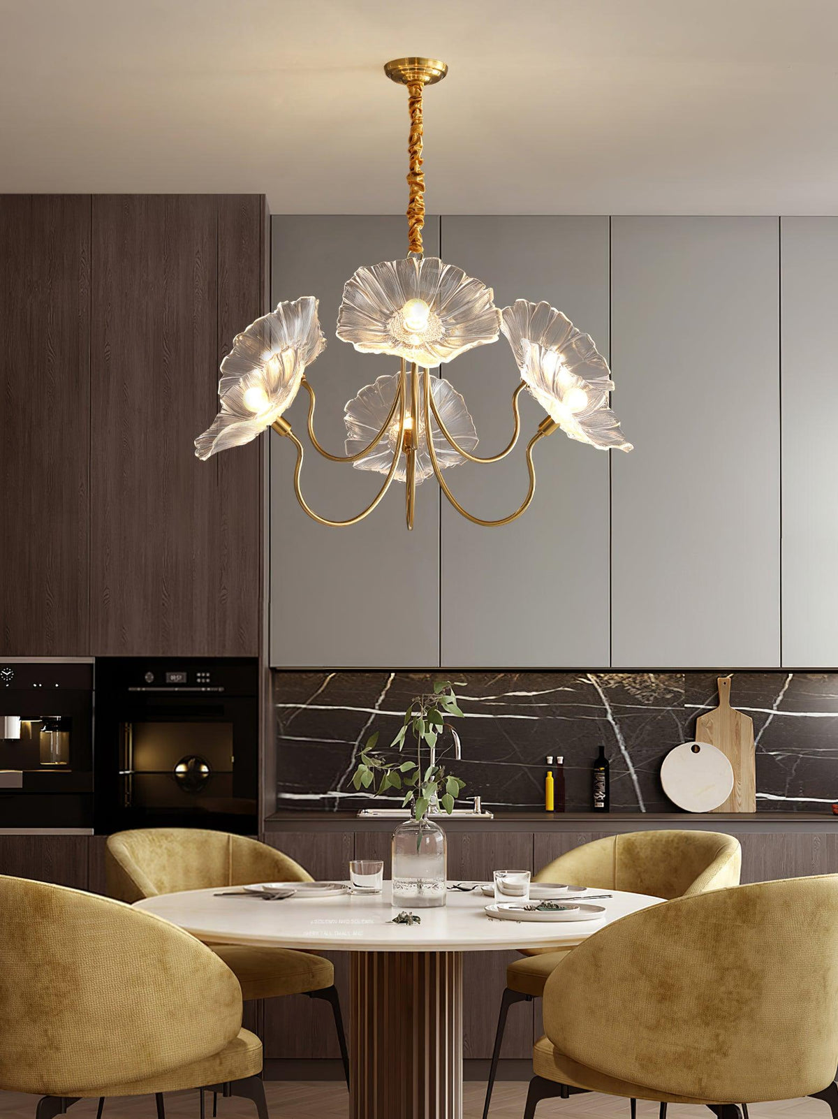 Lámpara colgante botánica de cristal de 35 pulgadas con acabado dorado para comedor, sala de estar o vestíbulo, iluminación ambiental superior | Thomler