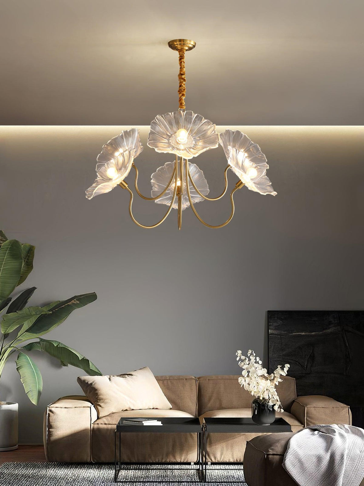 Lámpara colgante botánica de cristal de 35 pulgadas con acabado dorado para comedor, sala de estar o vestíbulo, iluminación ambiental superior | Thomler