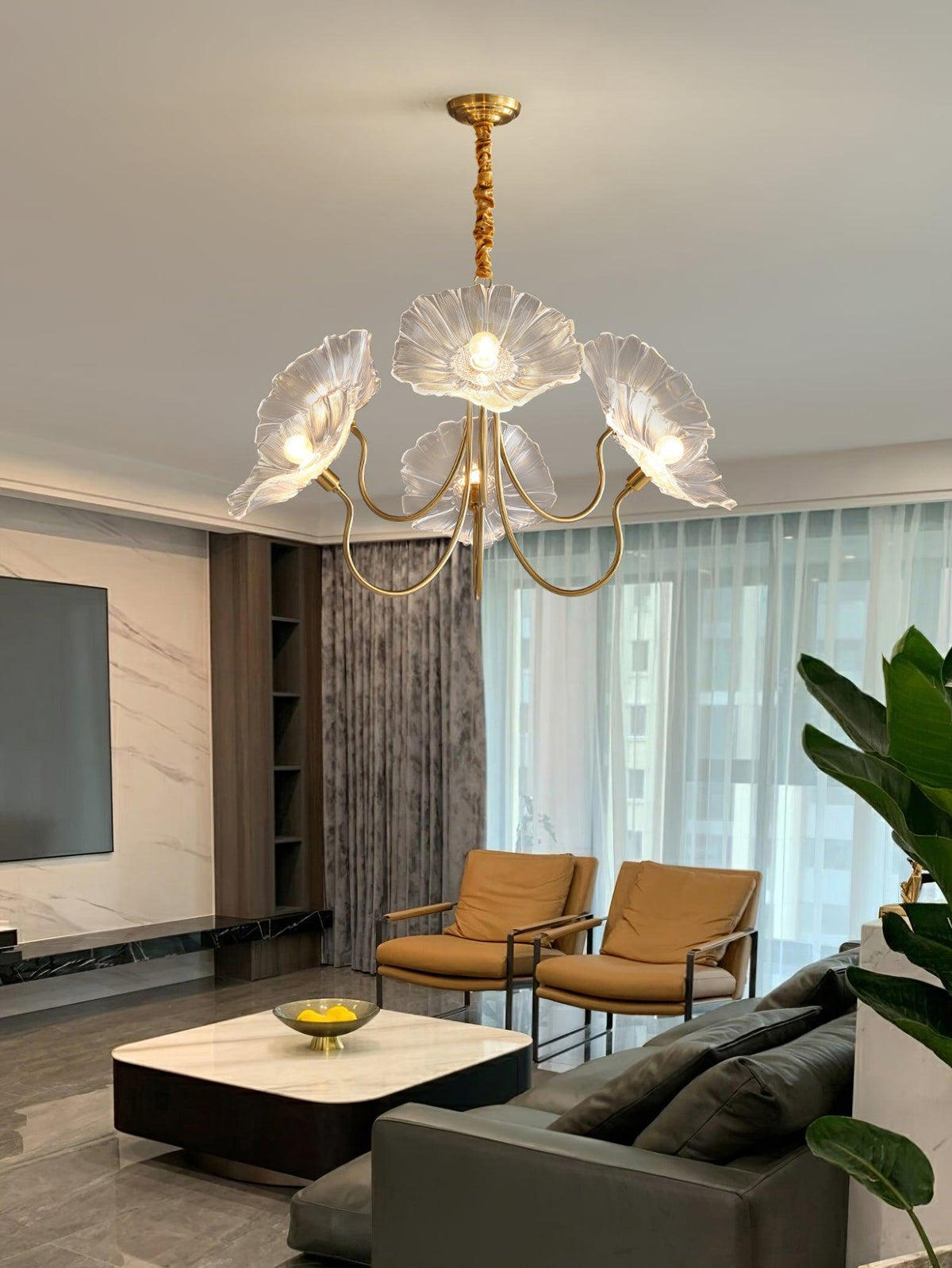 Lámpara colgante botánica de cristal de 35 pulgadas con acabado dorado para comedor, sala de estar o vestíbulo, iluminación ambiental superior | Thomler