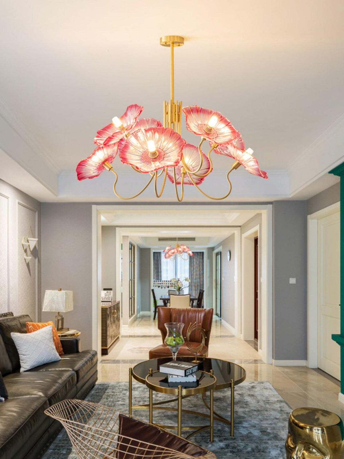 Lámpara colgante botánica de cristal de 35 pulgadas con acabado dorado para comedor, sala de estar o vestíbulo, iluminación ambiental superior | Thomler