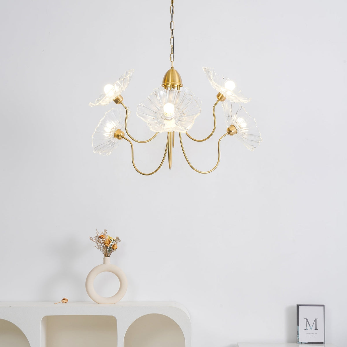 Lámpara colgante botánica de cristal de 35 pulgadas con acabado dorado para comedor, sala de estar o vestíbulo, iluminación ambiental superior | Thomler