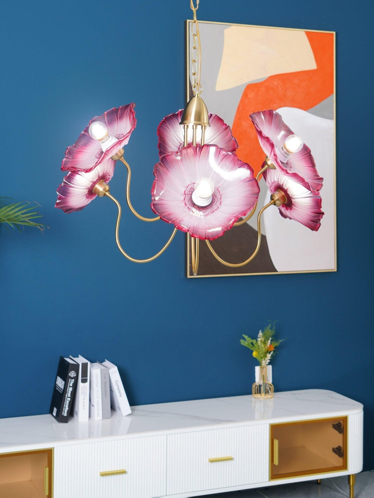 Lámpara colgante botánica de cristal de 35 pulgadas con acabado dorado para comedor, sala de estar o vestíbulo, iluminación ambiental superior | Thomler