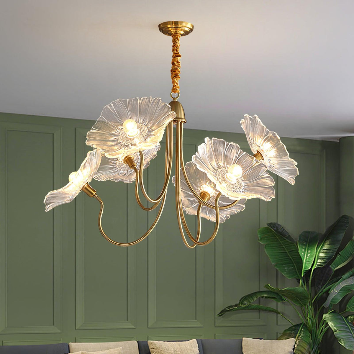 Lámpara colgante botánica de cristal de 35 pulgadas con acabado dorado para comedor, sala de estar o vestíbulo, iluminación ambiental superior | Thomler