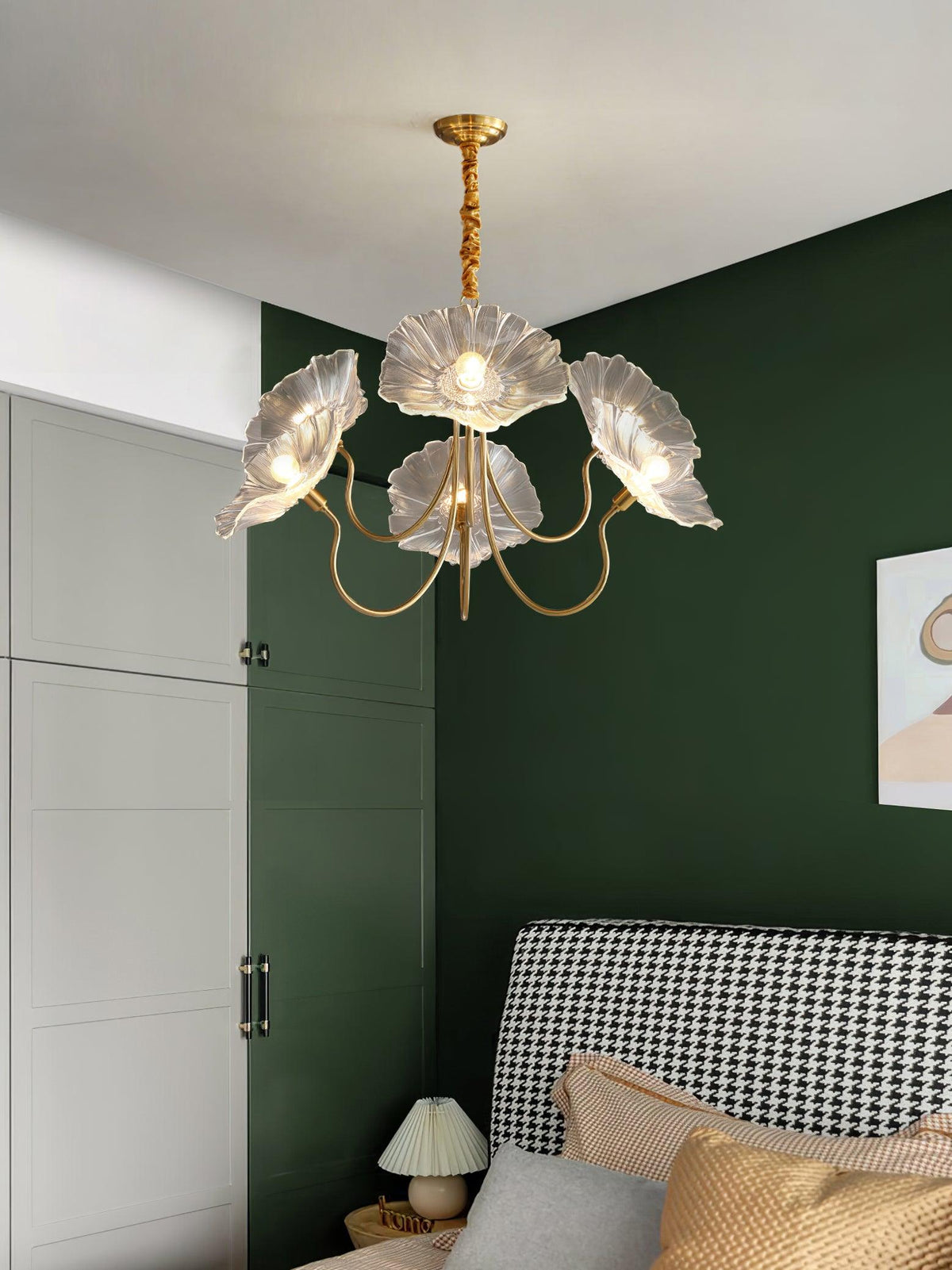 Lámpara colgante botánica de cristal de 35 pulgadas con acabado dorado para comedor, sala de estar o vestíbulo, iluminación ambiental superior | Thomler