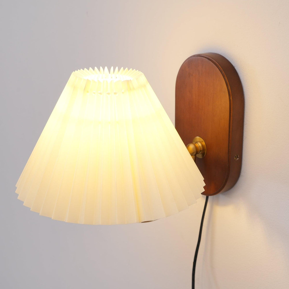 Plug-In Sconce Light with Pleated Shade and Walnut Accents 12 Inch Square for Bedside Reading Nooks Hallways | Thomler