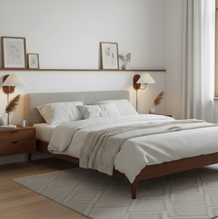 Plug-In Sconce Light with Pleated Shade and Walnut Accents 12 Inch Square for Bedside Reading Nooks Hallways | Thomler