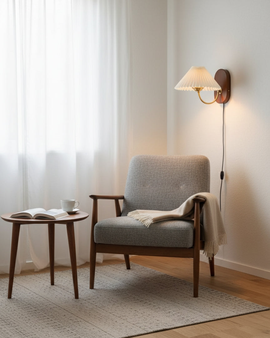 Plug-In Sconce Light with Pleated Shade and Walnut Accents 12 Inch Square for Bedside Reading Nooks Hallways | Thomler