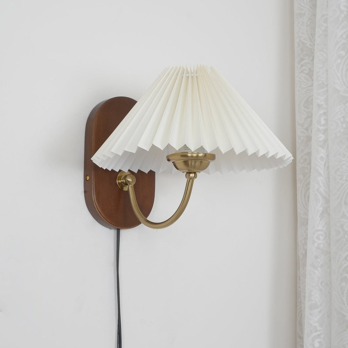 Plug-In Sconce Light with Pleated Shade and Walnut Accents 12 Inch Square for Bedside Reading Nooks Hallways | Thomler