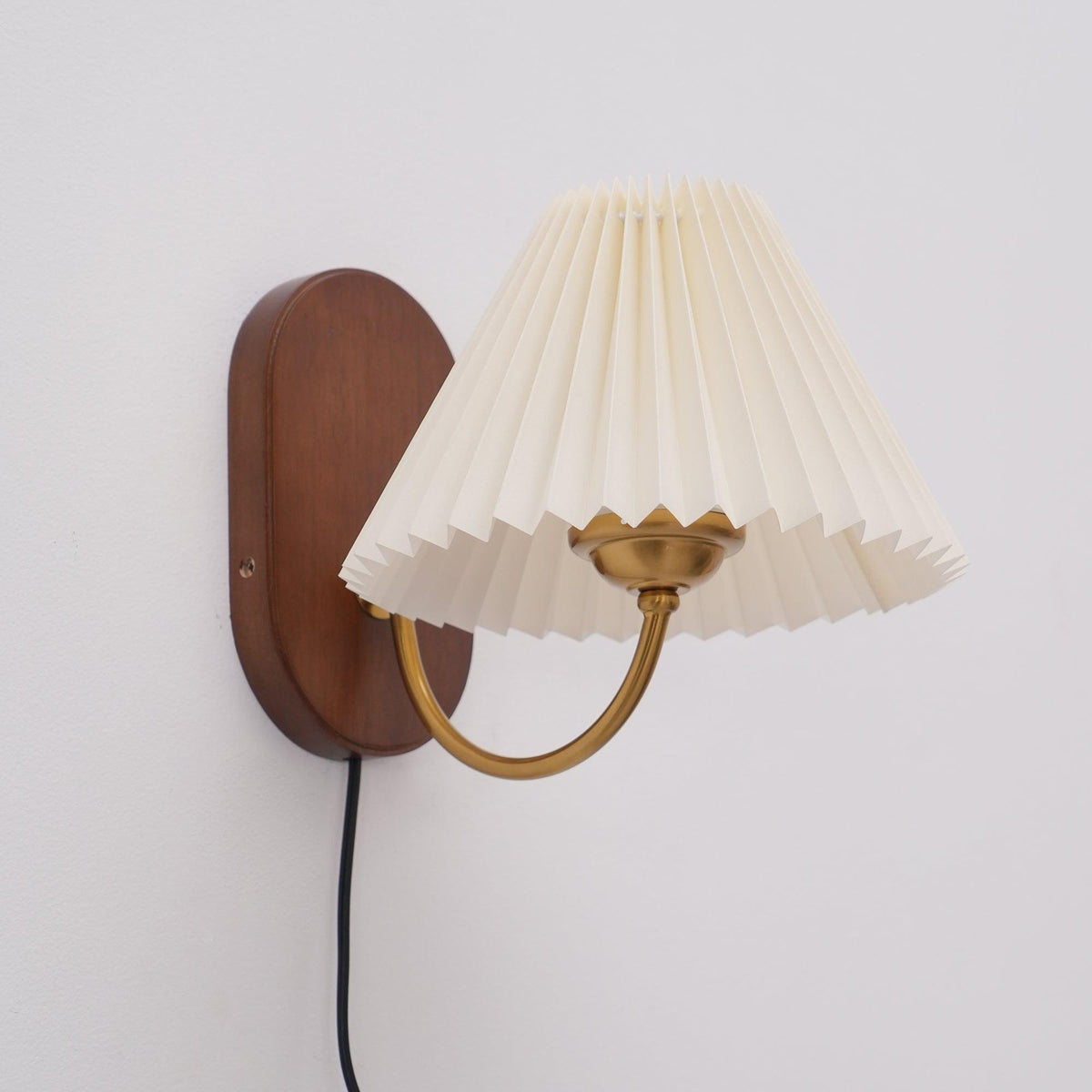 Plug-In Sconce Light with Pleated Shade and Walnut Accents 12 Inch Square for Bedside Reading Nooks Hallways | Thomler