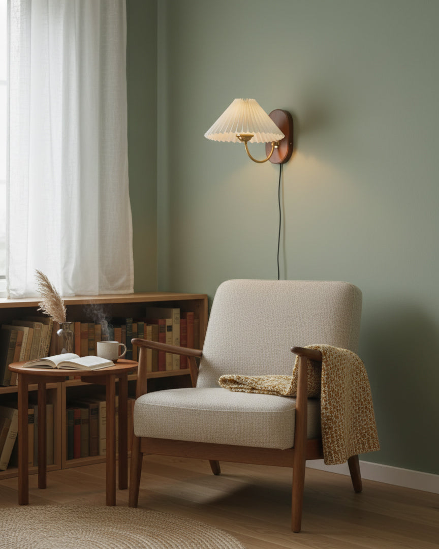 Plug-In Sconce Light with Pleated Shade and Walnut Accents 12 Inch Square for Bedside Reading Nooks Hallways | Thomler