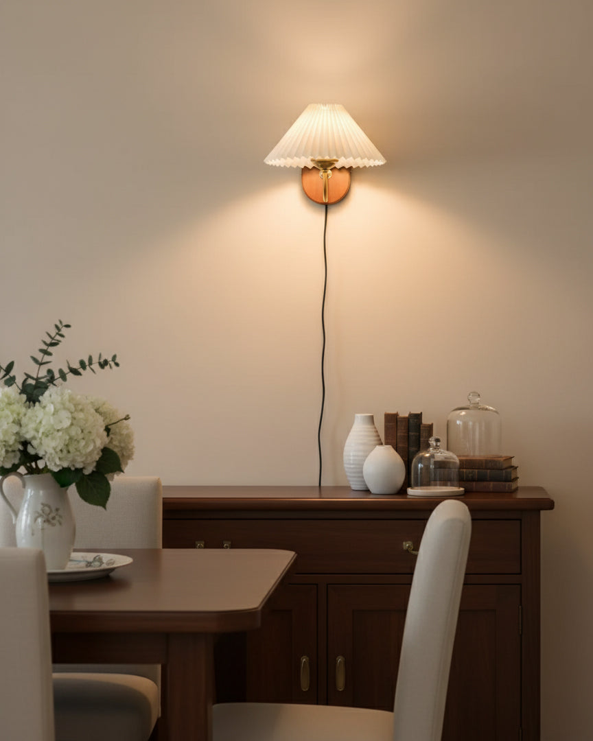 Plug-In Sconce Light with Pleated Shade and Walnut Accents 12 Inch Square for Bedside Reading Nooks Hallways | Thomler