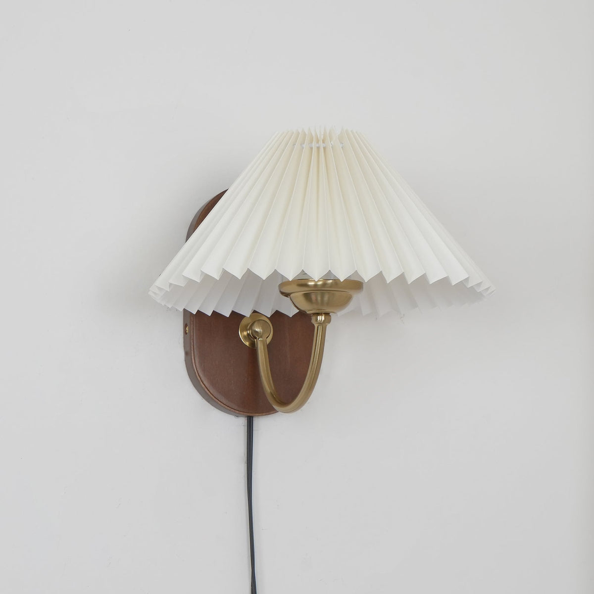 Plug-In Sconce Light with Pleated Shade and Walnut Accents 12 Inch Square for Bedside Reading Nooks Hallways | Thomler