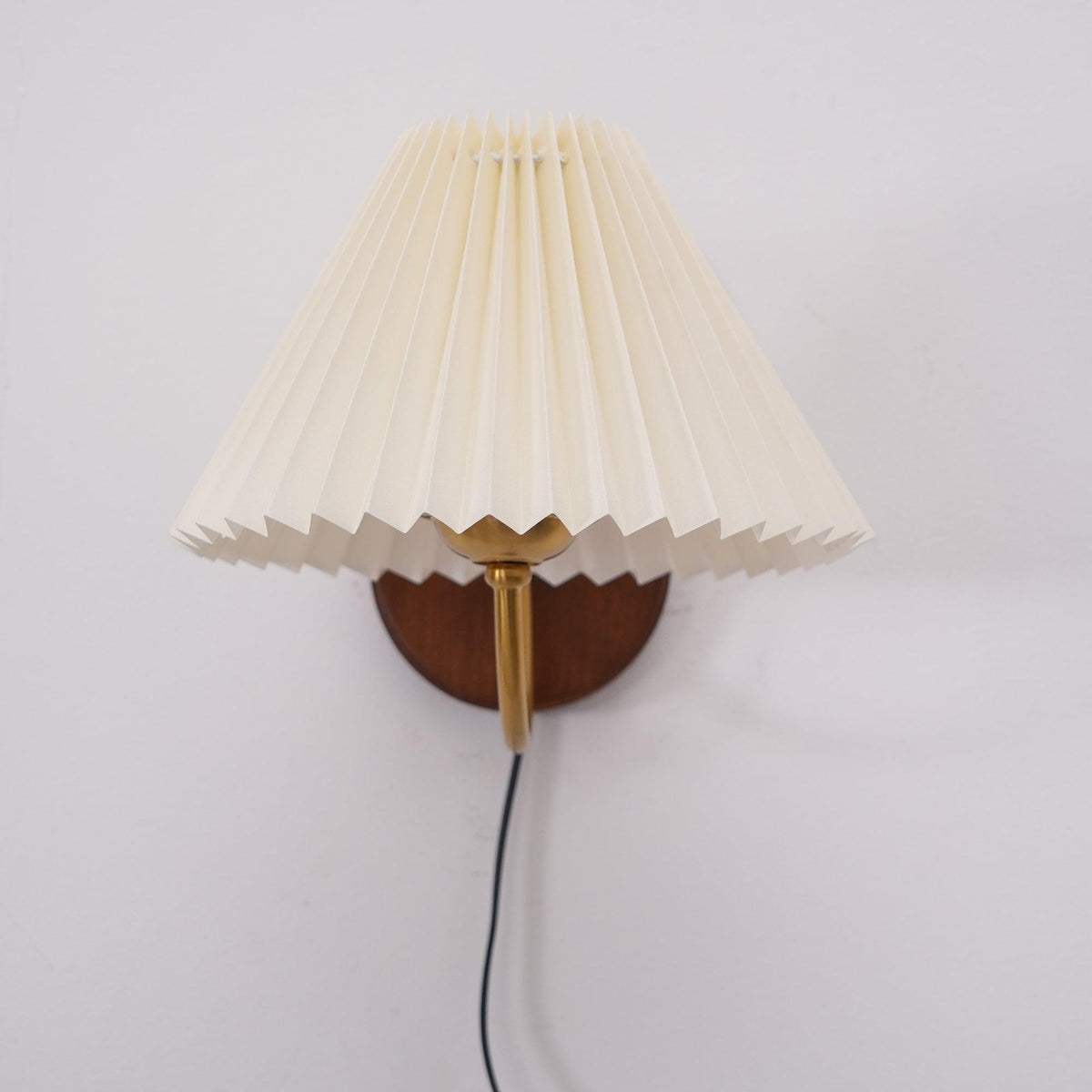 Plug-In Sconce Light with Pleated Shade and Walnut Accents 12 Inch Square for Bedside Reading Nooks Hallways | Thomler
