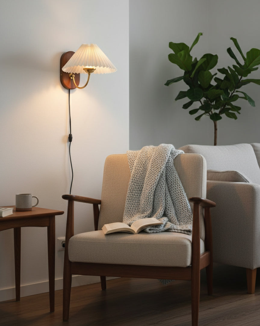 Plug-In Sconce Light with Pleated Shade and Walnut Accents 12 Inch Square for Bedside Reading Nooks Hallways | Thomler
