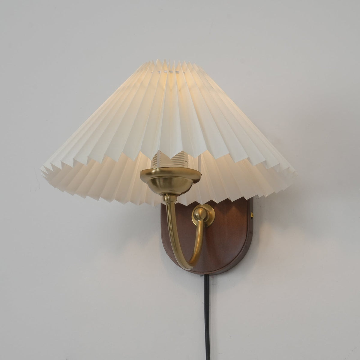Plug-In Sconce Light with Pleated Shade and Walnut Accents 12 Inch Square for Bedside Reading Nooks Hallways | Thomler