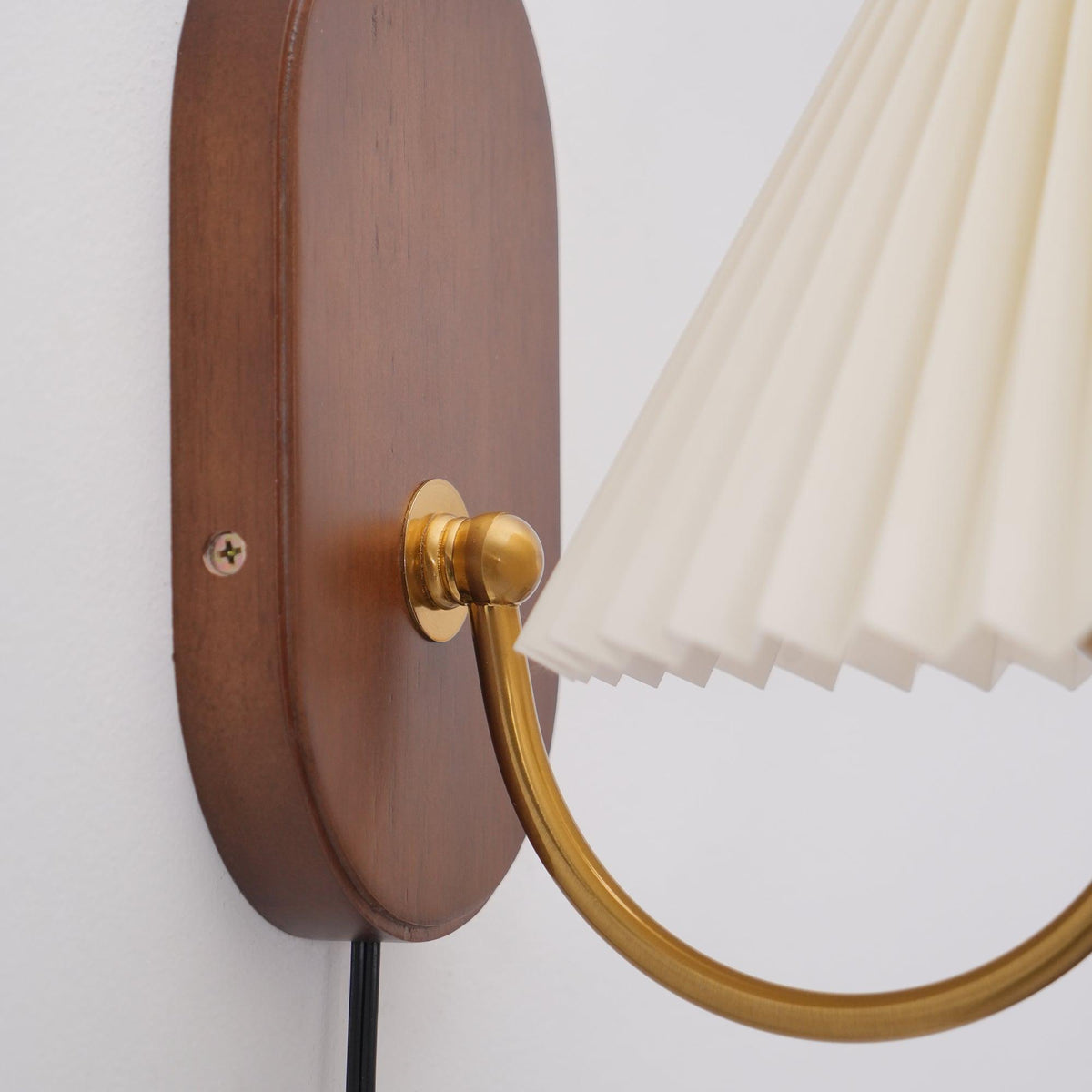Plug-In Sconce Light with Pleated Shade and Walnut Accents 12 Inch Square for Bedside Reading Nooks Hallways | Thomler