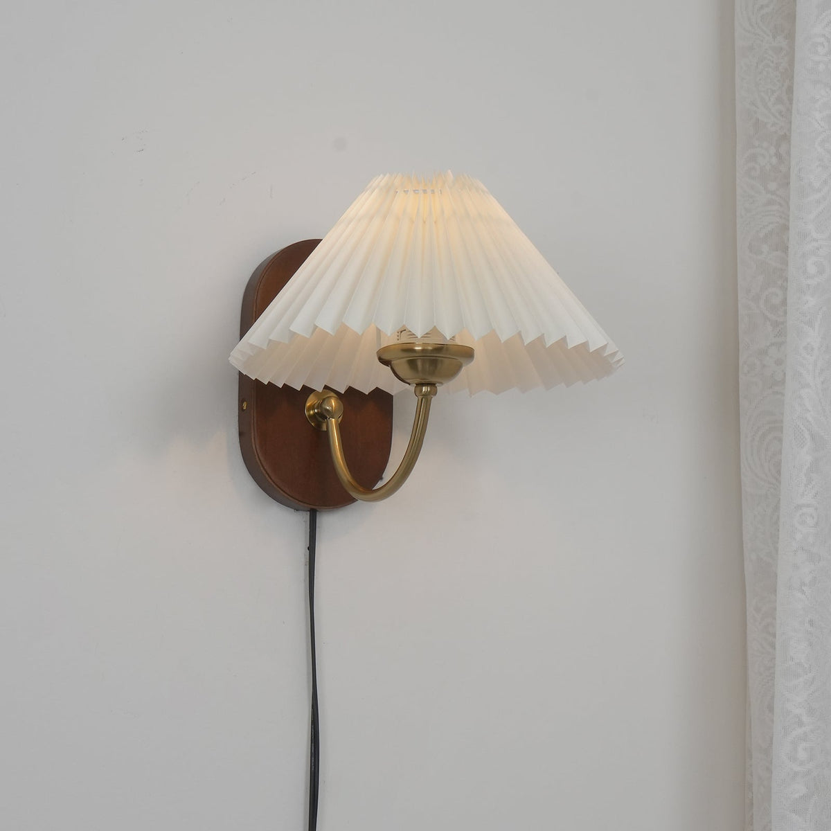 Plug-In Sconce Light with Pleated Shade and Walnut Accents 12 Inch Square for Bedside Reading Nooks Hallways | Thomler