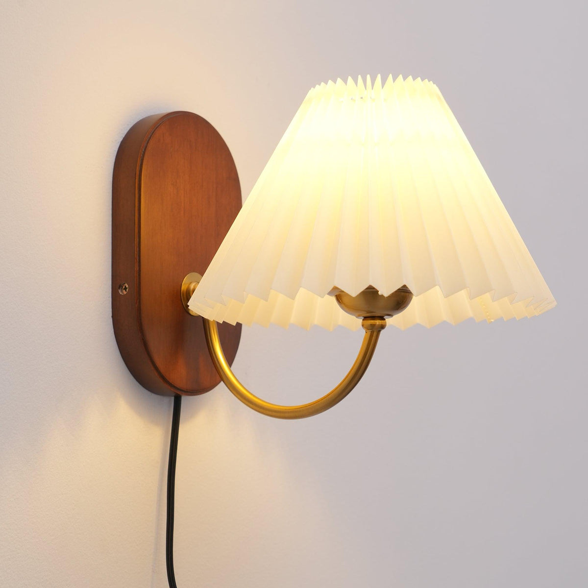Plug-In Sconce Light with Pleated Shade and Walnut Accents 12 Inch Square for Bedside Reading Nooks Hallways | Thomler