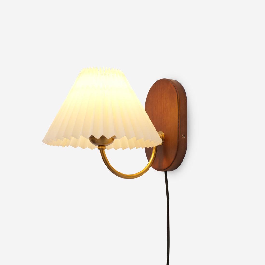 Plug-In Sconce Light with Pleated Shade and Walnut Accents 12 Inch Square for Bedside Reading Nooks Hallways | Thomler