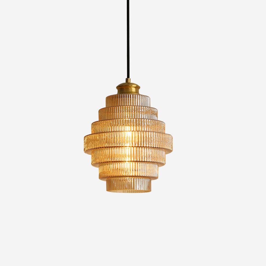 Gelaagde glazen plafondhanglamp 9,8 inch armatuur warme gloed hanglamp geribbelde kap messing detail verstelbare hoogte amberkleurig rookgrijs E26 lamp D | Thomler