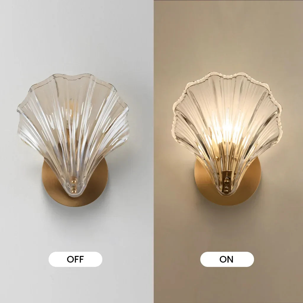 Sconce with Organic Shell-Shaped Shade – 10 Inch Brass & Glass Fixture for Bedside, Hallway, Powder Room – Subtle Glow | Thomler