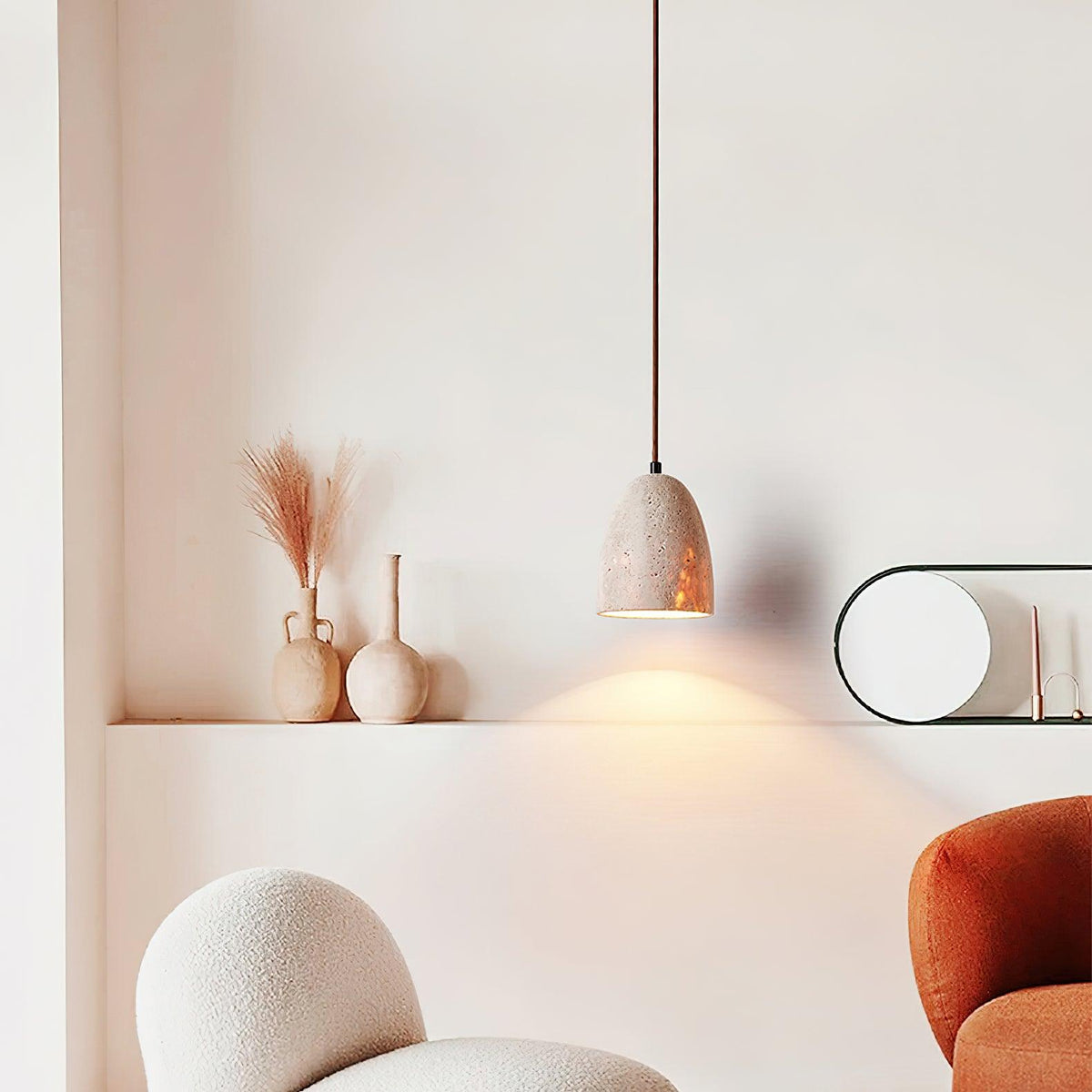 Stone Hanging Lamp with Natural Beige Shade – Compact Overhead Fixture for Countertops and Tables – Adjustable 59-Inch Cord – E26 Medium Bas | Thomler