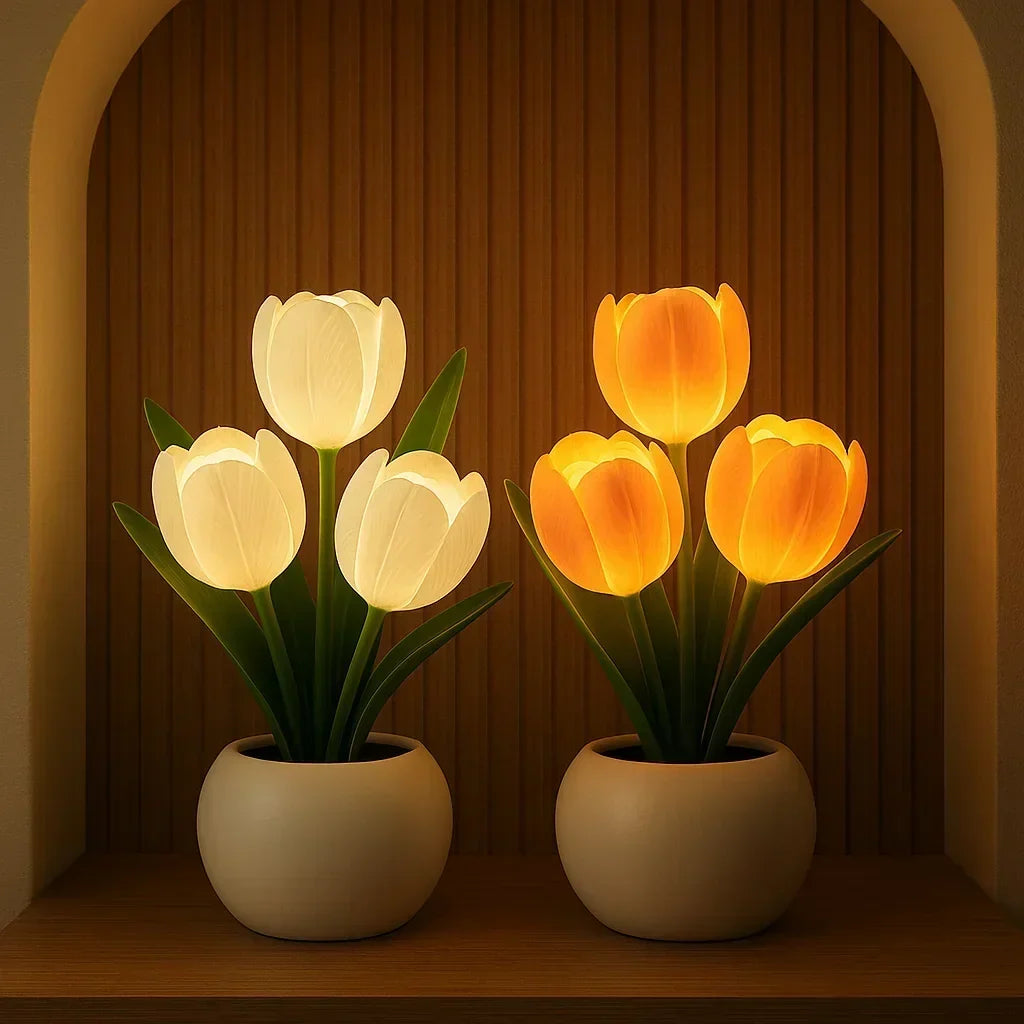 LED Tulip Flower Night Light with Vase – 5-Level Dimmable Decorative Accent Lamp for Bedroom, Living Room & Office
