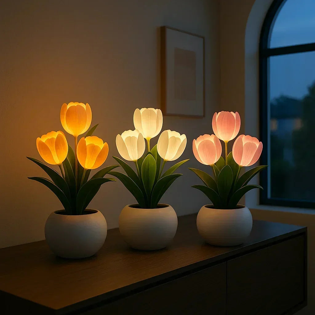 LED Tulip Flower Night Light with Vase – 5-Level Dimmable Decorative Accent Lamp for Bedroom, Living Room & Office