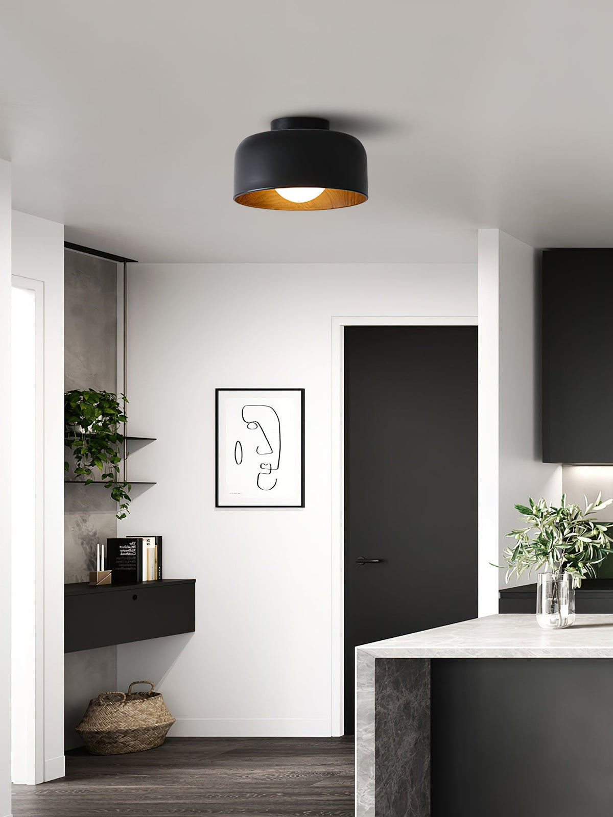 Flush Mount Ceiling Light Fixture for Bedroom Hallway Small Rooms 9 in Round LED Glass Shade with Wood Grain Interior Modern Accent for Livi | Thomler