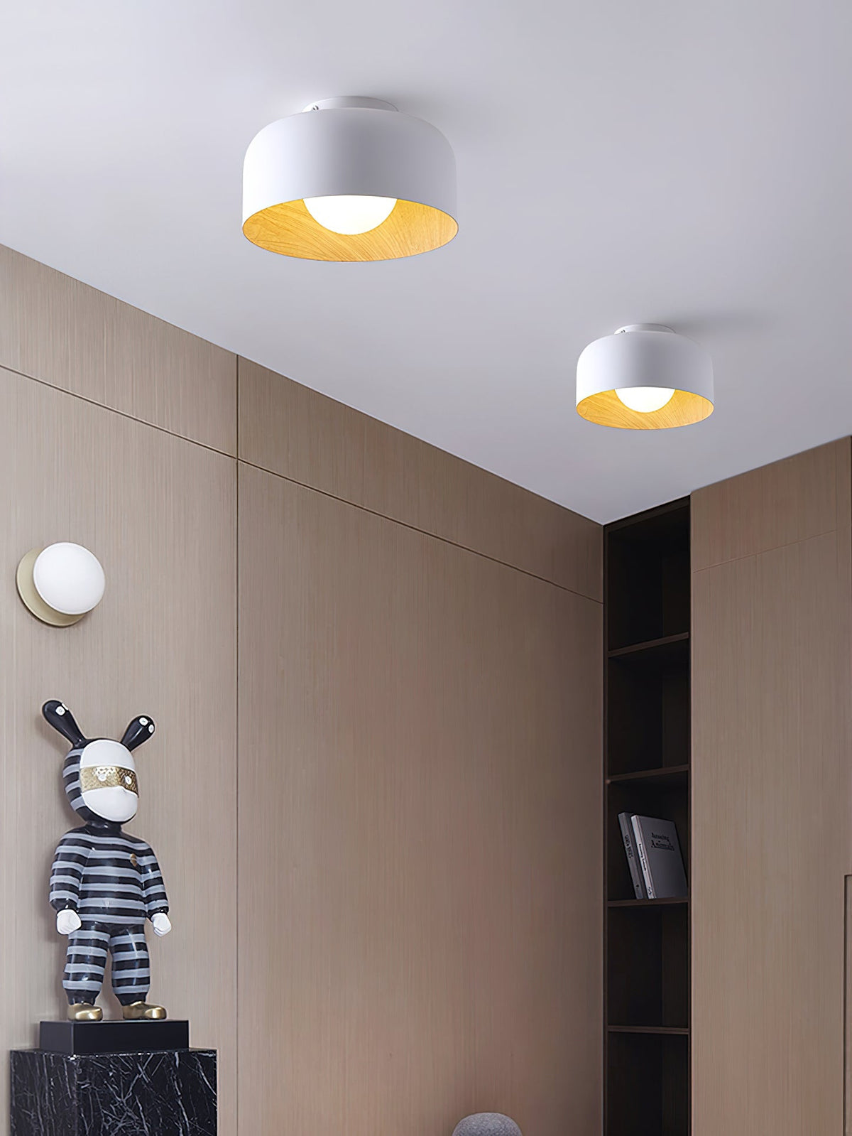 Flush Mount Ceiling Light Fixture for Bedroom Hallway Small Rooms 9 in Round LED Glass Shade with Wood Grain Interior Modern Accent for Livi | Thomler