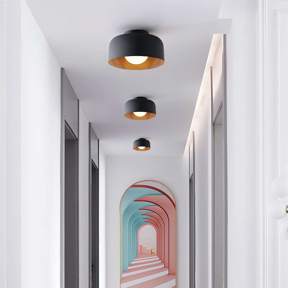 Flush Mount Ceiling Light Fixture for Bedroom Hallway Small Rooms 9 in Round LED Glass Shade with Wood Grain Interior Modern Accent for Livi | Thomler