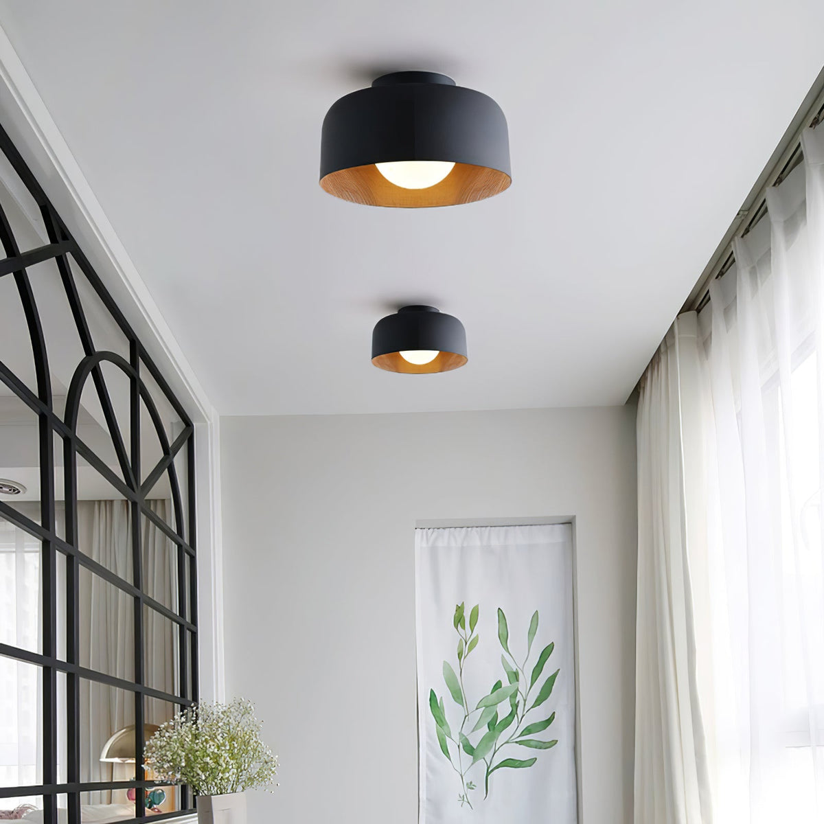 Flush Mount Ceiling Light Fixture for Bedroom Hallway Small Rooms 9 in Round LED Glass Shade with Wood Grain Interior Modern Accent for Livi | Thomler
