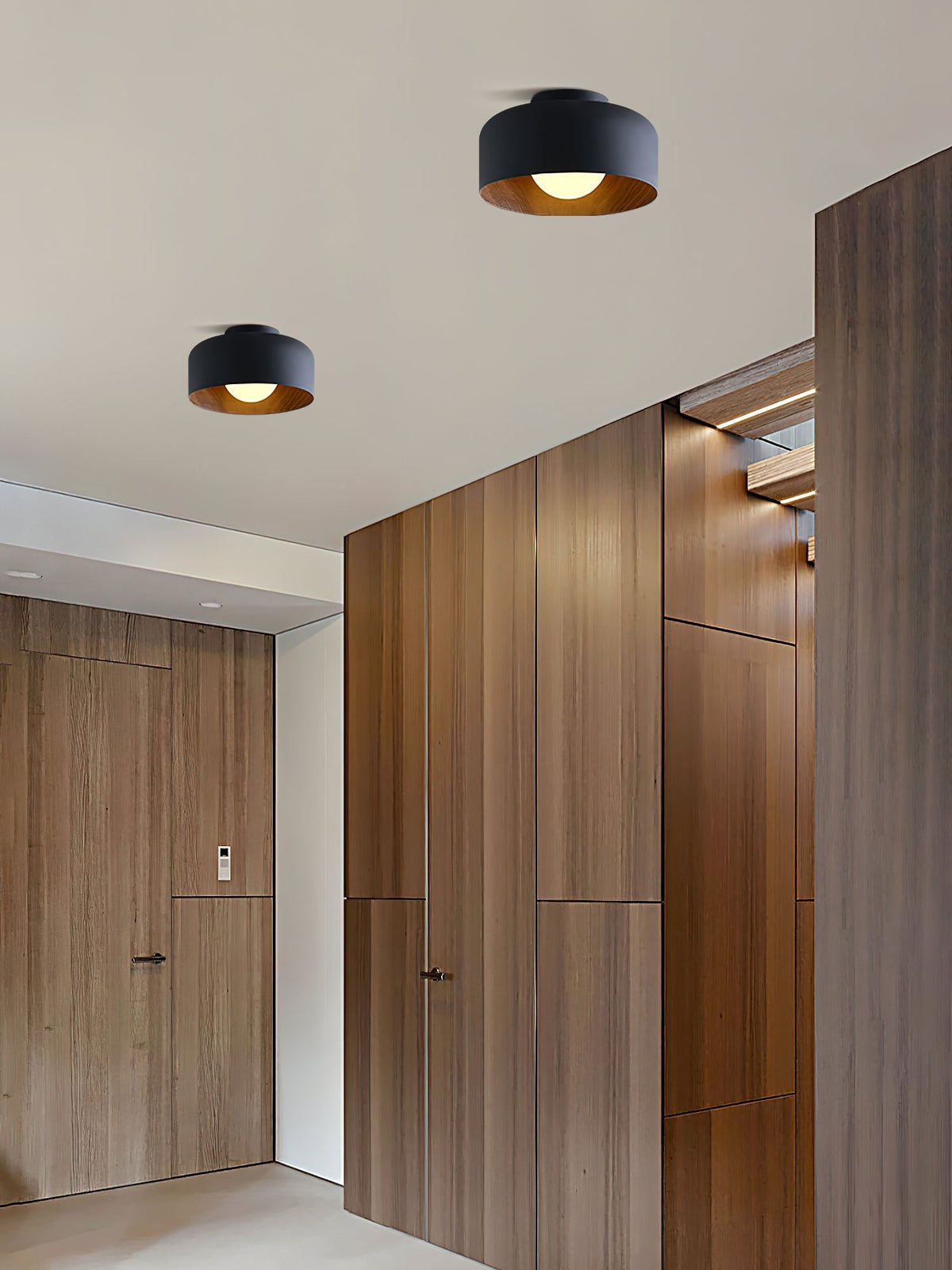 Flush Mount Ceiling Light Fixture for Bedroom Hallway Small Rooms 9 in Round LED Glass Shade with Wood Grain Interior Modern Accent for Livi | Thomler
