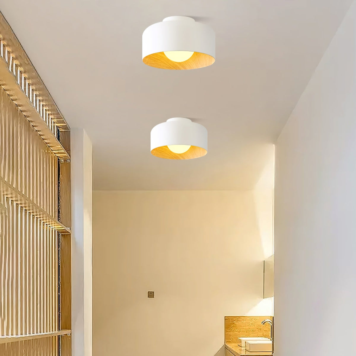 Flush Mount Ceiling Light Fixture for Bedroom Hallway Small Rooms 9 in Round LED Glass Shade with Wood Grain Interior Modern Accent for Livi | Thomler