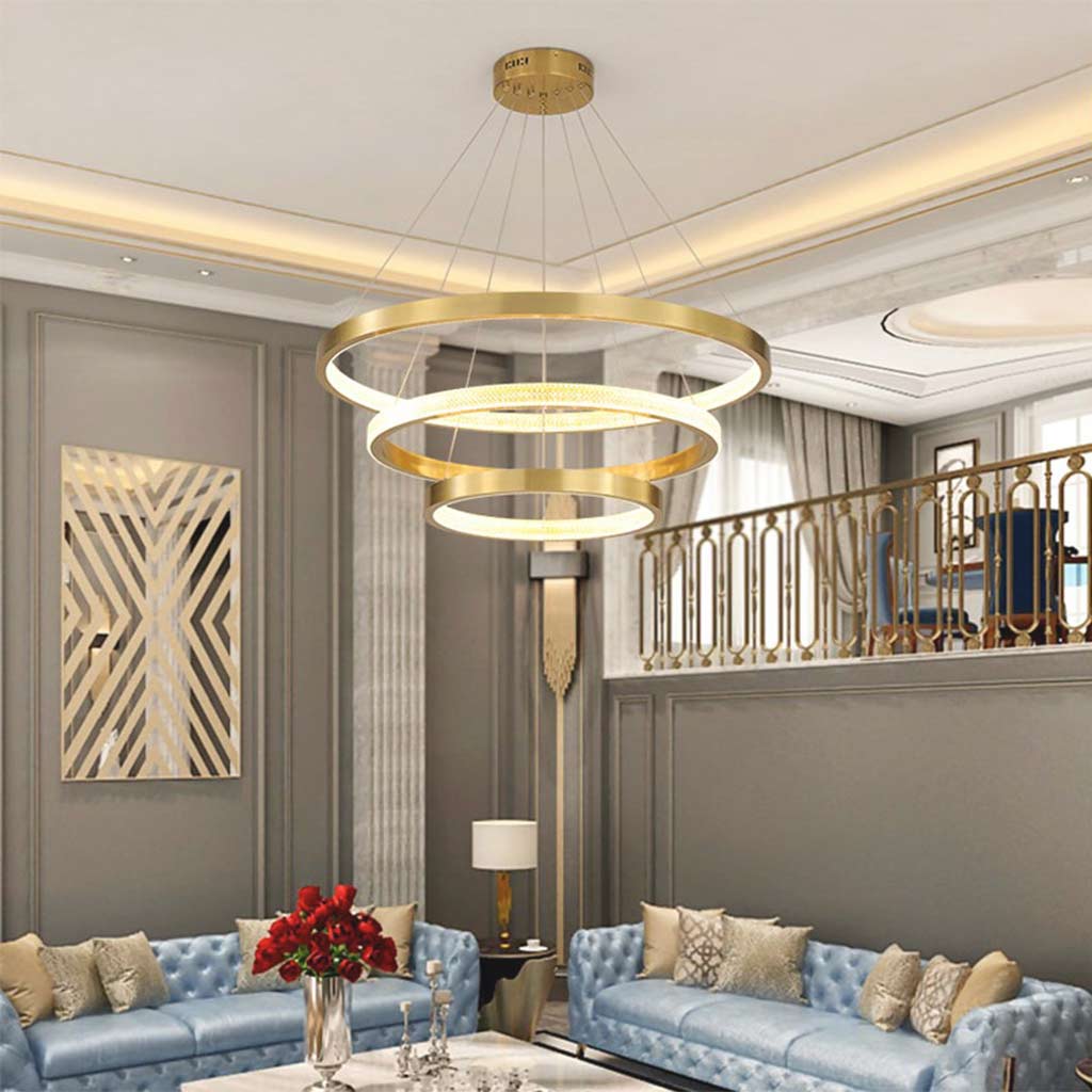 Multi-Ring LED Ceiling Fixture Gold 39 in Adjustable Height Dimmable Remote Control for Living Room Dining Room Entryway High Ceilings Conte | Thomler