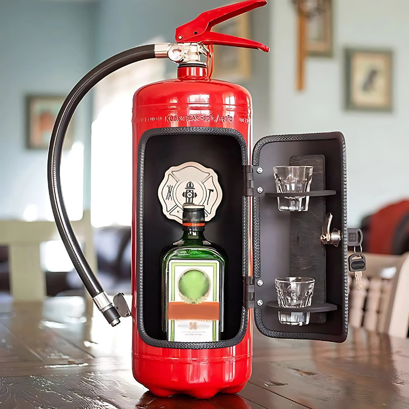 Repurposed Fire Extinguisher Bottle & Glass Holder Bar Cabinet Industrial Décor for Home Office Man Cave Living Room Entertainment Area | Thomler